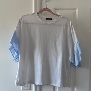 Zara White T-Shirt with Blue Striped Sleeves